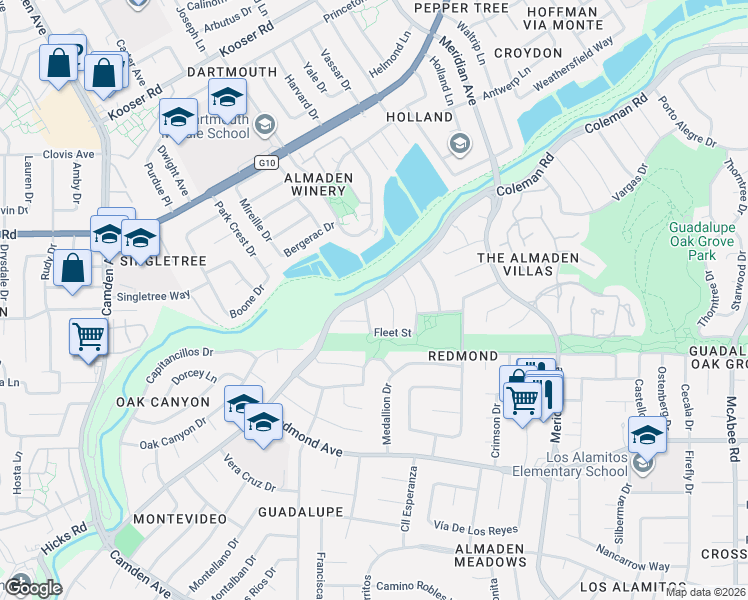map of restaurants, bars, coffee shops, grocery stores, and more near 5846 Texas Court in San Jose