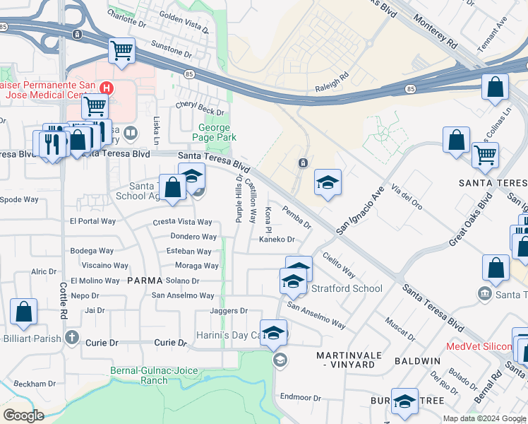 map of restaurants, bars, coffee shops, grocery stores, and more near 197 Kona Place in San Jose