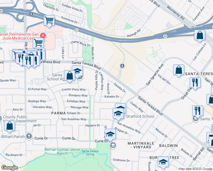 map of restaurants, bars, coffee shops, grocery stores, and more near 197 Kona Place in San Jose