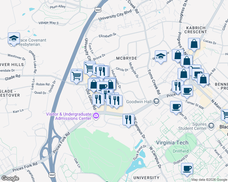 map of restaurants, bars, coffee shops, grocery stores, and more near 810 University City Boulevard in Blacksburg