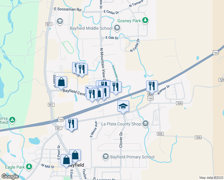 map of restaurants, bars, coffee shops, grocery stores, and more near 576-598 East Spruce Drive in Bayfield