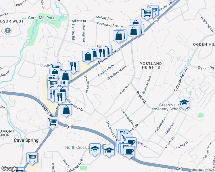 map of restaurants, bars, coffee shops, grocery stores, and more near 3618 Brandywine Avenue in Cave Spring