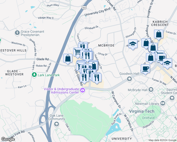 map of restaurants, bars, coffee shops, grocery stores, and more near 830 University City Boulevard in Blacksburg