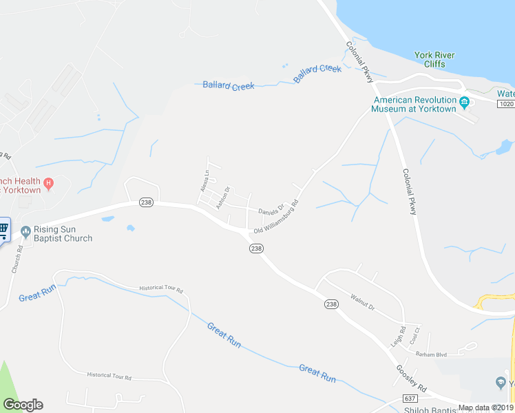 map of restaurants, bars, coffee shops, grocery stores, and more near 210 Daniels Drive in Yorktown