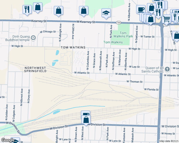map of restaurants, bars, coffee shops, grocery stores, and more near 2421 West Atlantic Street in Springfield