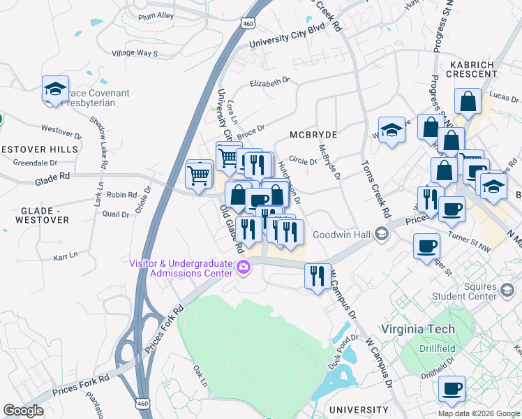 map of restaurants, bars, coffee shops, grocery stores, and more near 830 University City Boulevard in Blacksburg