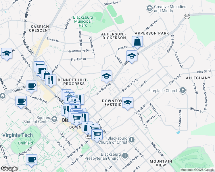 map of restaurants, bars, coffee shops, grocery stores, and more near 412 Harding Avenue in Blacksburg