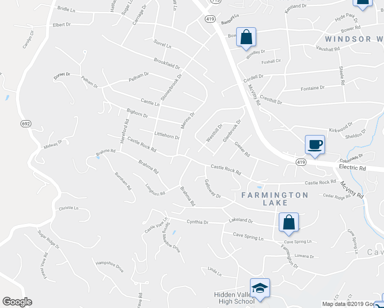 map of restaurants, bars, coffee shops, grocery stores, and more near 5605 Castle Rock Road in Roanoke