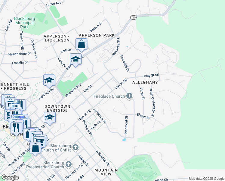 map of restaurants, bars, coffee shops, grocery stores, and more near 371 Piedmont Street in Blacksburg