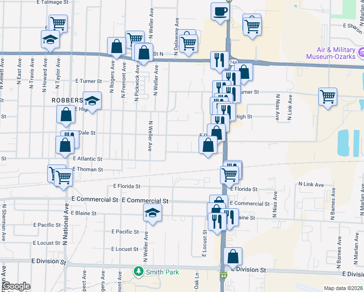 map of restaurants, bars, coffee shops, grocery stores, and more near 2010 North Fairway Avenue in Springfield