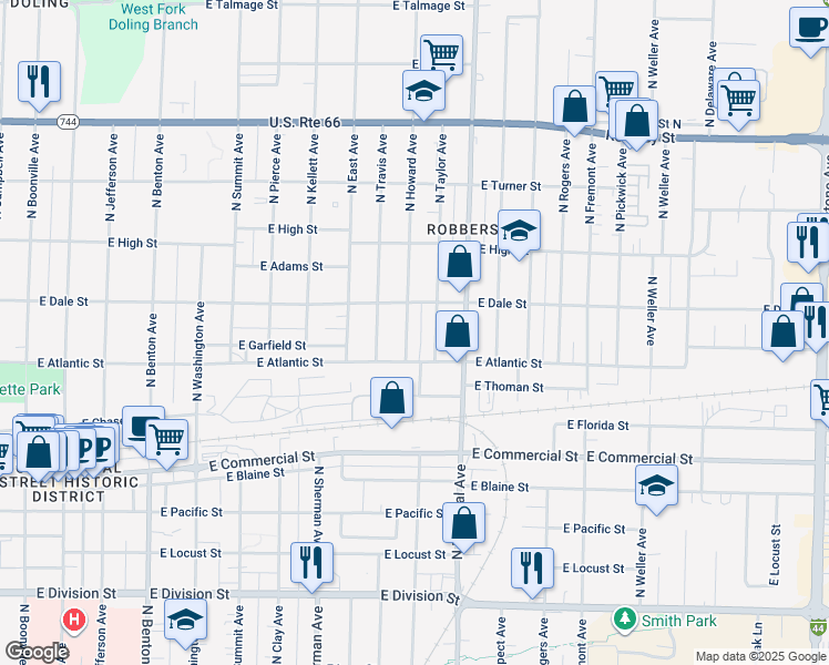 map of restaurants, bars, coffee shops, grocery stores, and more near 2041 North Howard Avenue in Springfield