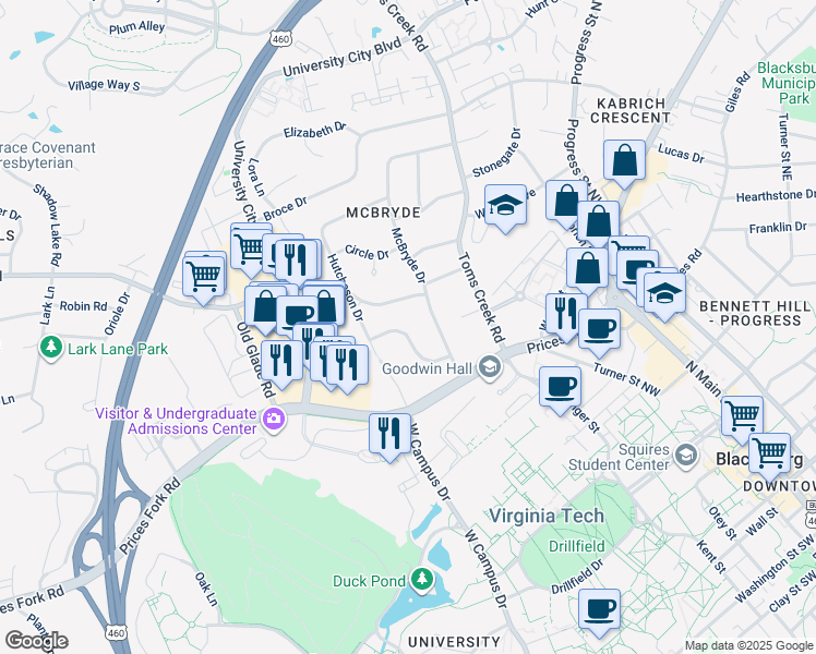 map of restaurants, bars, coffee shops, grocery stores, and more near 710 Burruss Drive in Blacksburg