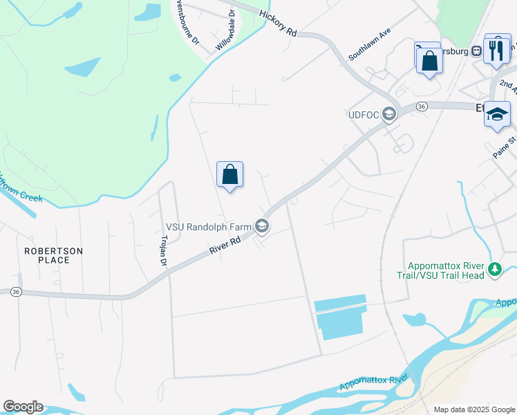 map of restaurants, bars, coffee shops, grocery stores, and more near 4404 River Road in Chesterfield County