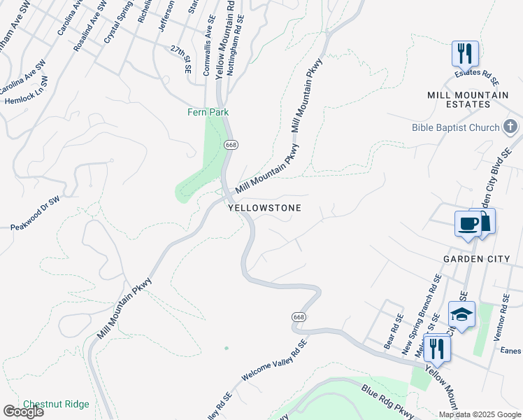 map of restaurants, bars, coffee shops, grocery stores, and more near 518 Fidelity Road Southeast in Roanoke