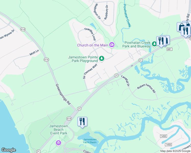 map of restaurants, bars, coffee shops, grocery stores, and more near 2513 Burrows Court in Williamsburg