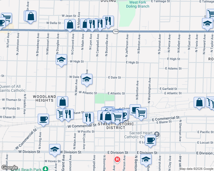 map of restaurants, bars, coffee shops, grocery stores, and more near 2039 North Boonville Avenue in Springfield