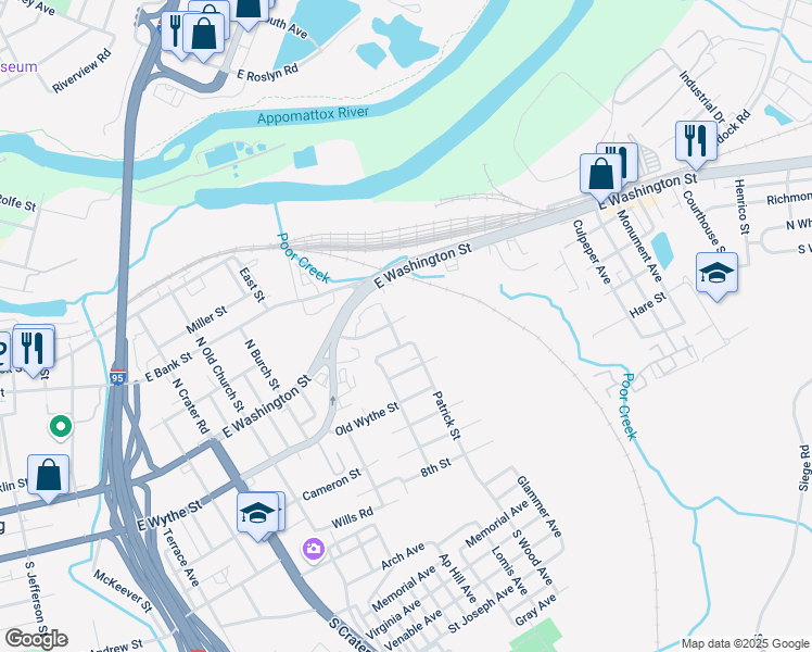 map of restaurants, bars, coffee shops, grocery stores, and more near 1068 Amelia Street in Petersburg