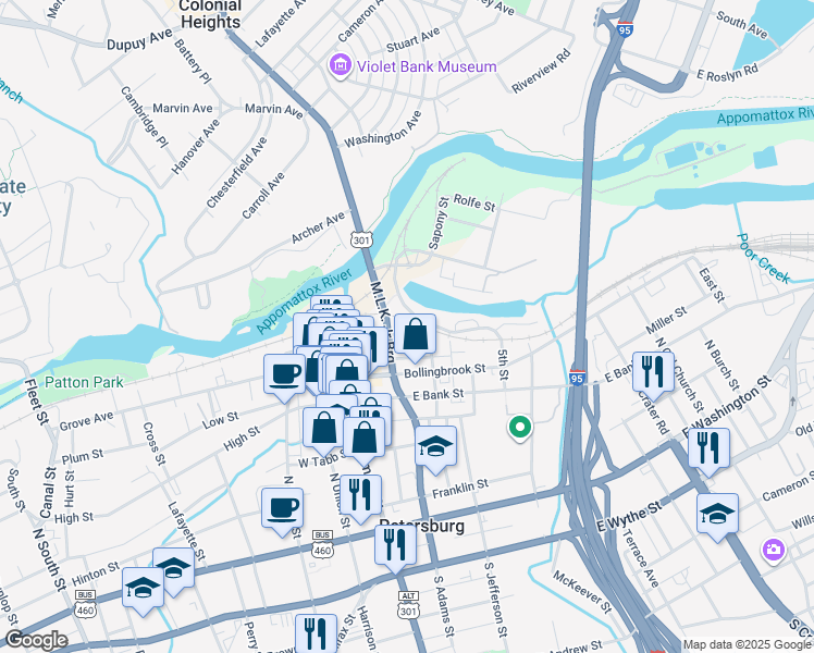 map of restaurants, bars, coffee shops, grocery stores, and more near 39 River Street in Petersburg