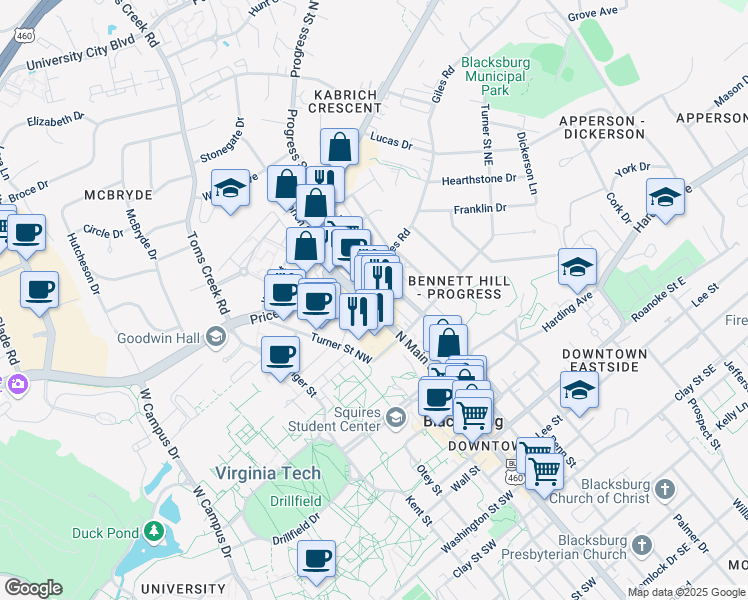 map of restaurants, bars, coffee shops, grocery stores, and more near 618 North Main Street in Blacksburg