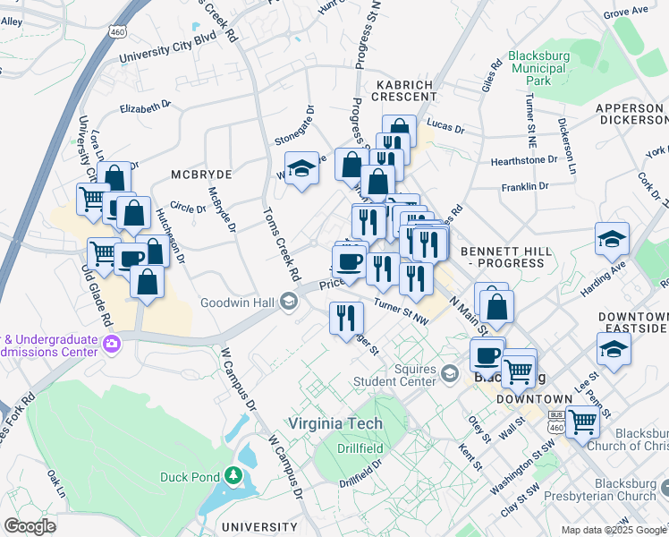 map of restaurants, bars, coffee shops, grocery stores, and more near 829 Orchard Street in Blacksburg