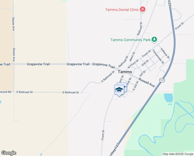 map of restaurants, bars, coffee shops, grocery stores, and more near 143-147 South Railroad Street in Tamms