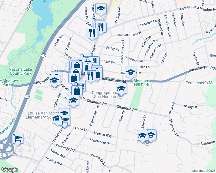 map of restaurants, bars, coffee shops, grocery stores, and more near 800 Blossom Hill Road in Los Gatos
