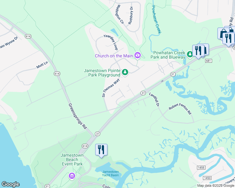 map of restaurants, bars, coffee shops, grocery stores, and more near 2513 Burrows Court in Williamsburg