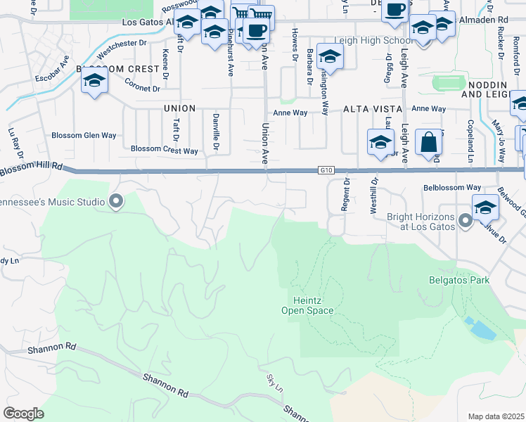 map of restaurants, bars, coffee shops, grocery stores, and more near 15100 Larga Vista Drive in Los Gatos
