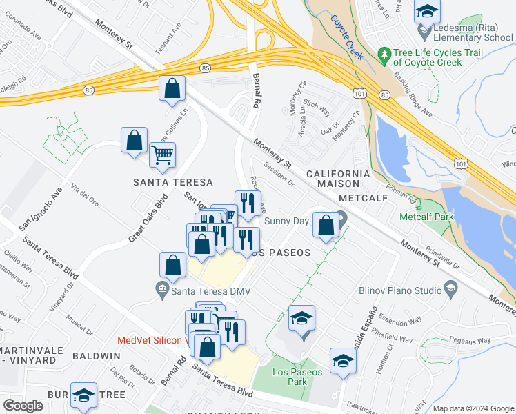 map of restaurants, bars, coffee shops, grocery stores, and more near 6955 Rockton Avenue in San Jose