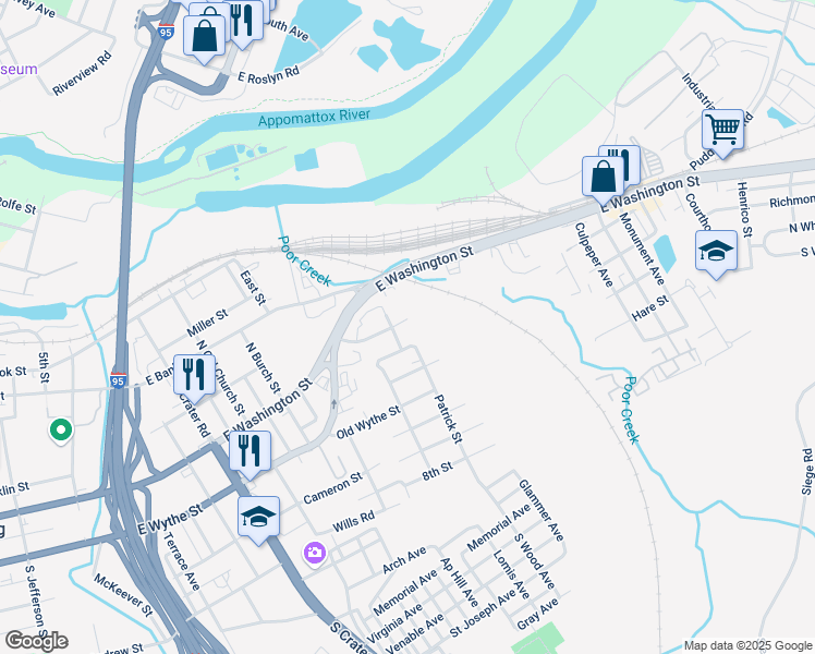 map of restaurants, bars, coffee shops, grocery stores, and more near 1068 Amelia Street in Petersburg