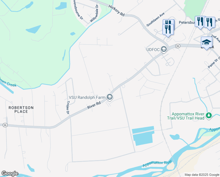 map of restaurants, bars, coffee shops, grocery stores, and more near 4404 River Road in Chesterfield County