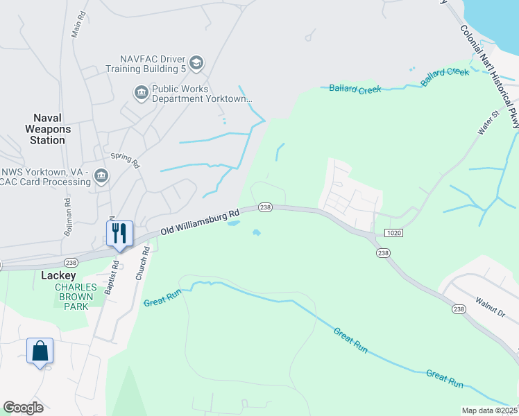 map of restaurants, bars, coffee shops, grocery stores, and more near 2807 Virginia 238 in Yorktown