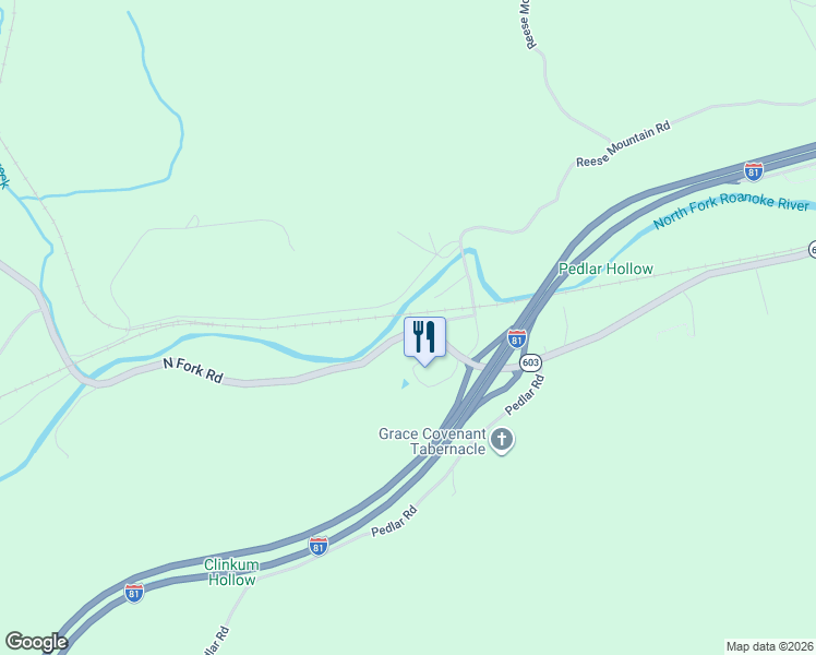 map of restaurants, bars, coffee shops, grocery stores, and more near 5110 North Fork Road in Elliston