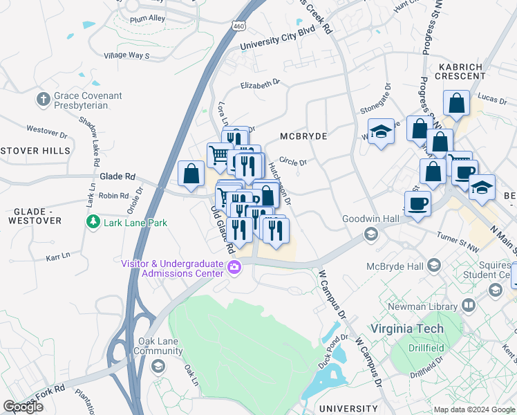 map of restaurants, bars, coffee shops, grocery stores, and more near 830 University City Boulevard in Blacksburg