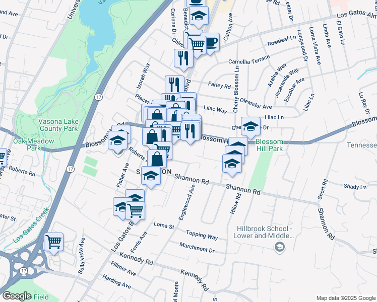 map of restaurants, bars, coffee shops, grocery stores, and more near 750 Blossom Hill Road in Los Gatos