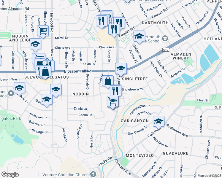 map of restaurants, bars, coffee shops, grocery stores, and more near 1614 Orchard View Drive in San Jose