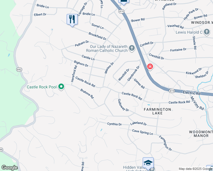 map of restaurants, bars, coffee shops, grocery stores, and more near 5617 Castle Rock Road in Cave Spring