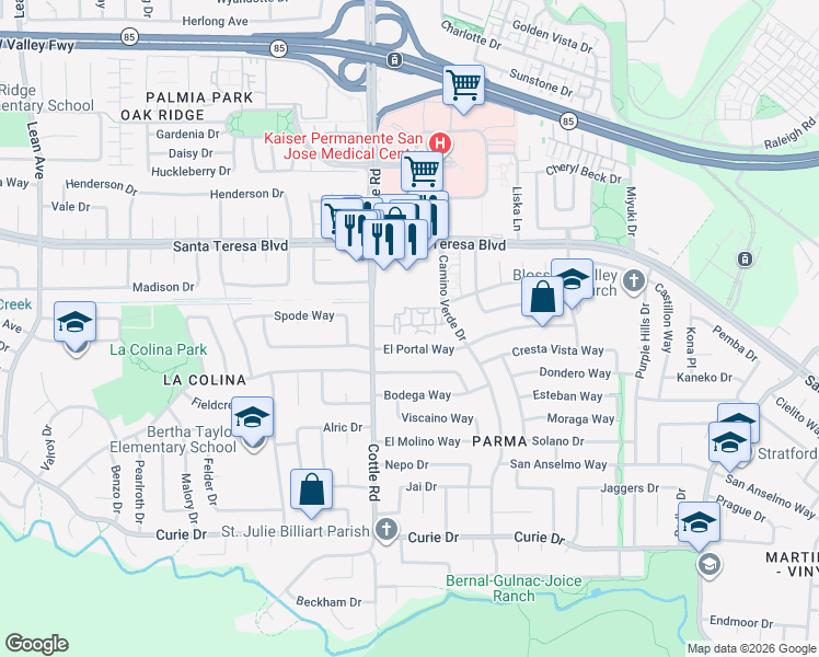 map of restaurants, bars, coffee shops, grocery stores, and more near 6184 Cottle Road in San Jose