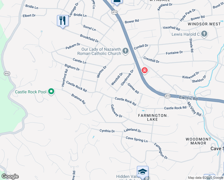 map of restaurants, bars, coffee shops, grocery stores, and more near 4893 Brookwood Drive in Cave Spring