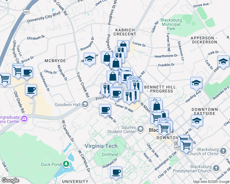 map of restaurants, bars, coffee shops, grocery stores, and more near 211 State Route 685 in Blacksburg