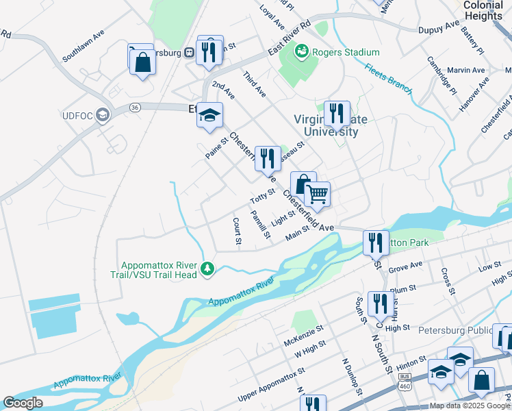 map of restaurants, bars, coffee shops, grocery stores, and more near 3501 Totty Street in Petersburg