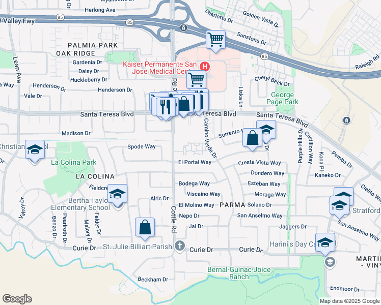 map of restaurants, bars, coffee shops, grocery stores, and more near 6192 Cottle Road in San Jose