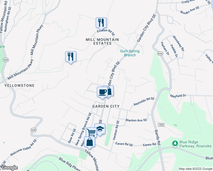 map of restaurants, bars, coffee shops, grocery stores, and more near 1130 Gearhart Road Southeast in Roanoke