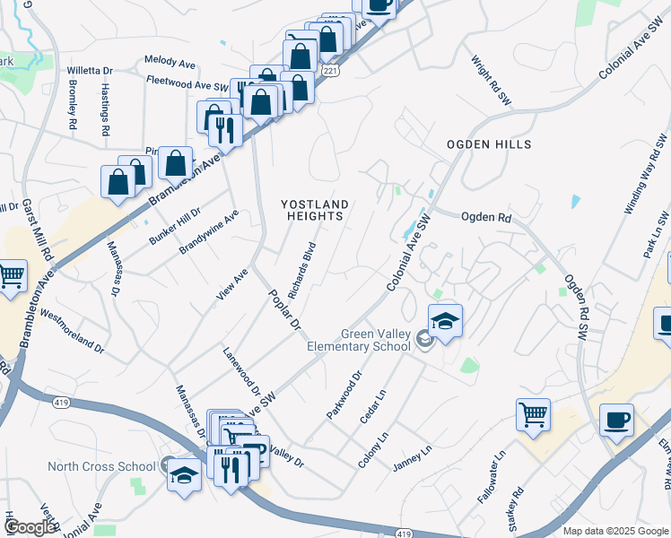 map of restaurants, bars, coffee shops, grocery stores, and more near 3486 Greencliff Road in Roanoke