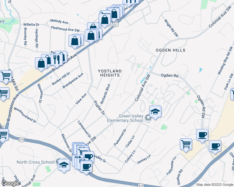 map of restaurants, bars, coffee shops, grocery stores, and more near 3486 Greencliff Road in Roanoke