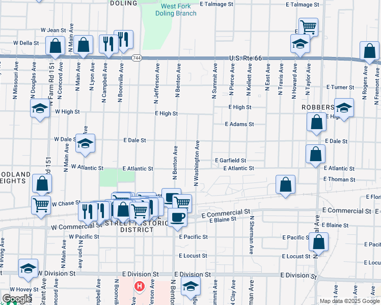 map of restaurants, bars, coffee shops, grocery stores, and more near 2054 North Benton Avenue in Springfield