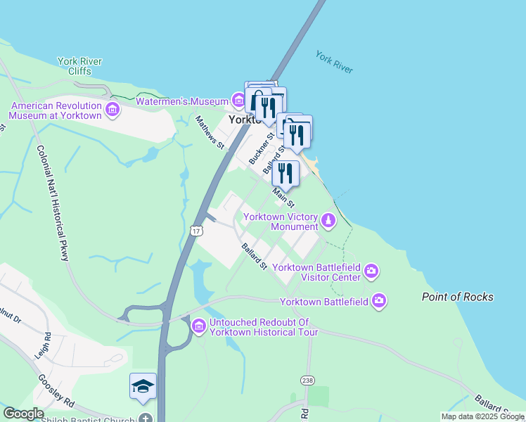 map of restaurants, bars, coffee shops, grocery stores, and more near 219 Church Street in Yorktown