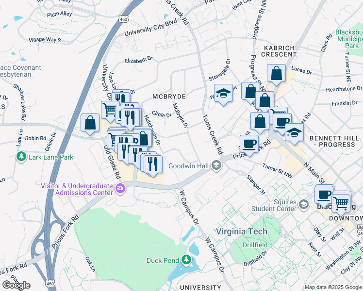 map of restaurants, bars, coffee shops, grocery stores, and more near 710 Burruss Drive in Blacksburg