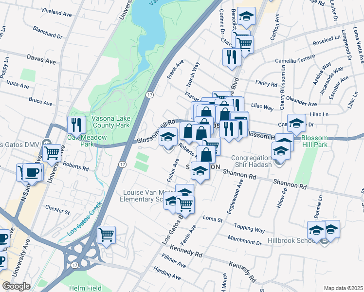 map of restaurants, bars, coffee shops, grocery stores, and more near Roberts Road & Fisher Avenue in Los Gatos