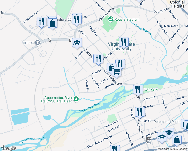 map of restaurants, bars, coffee shops, grocery stores, and more near 3501 Totty Street in Petersburg